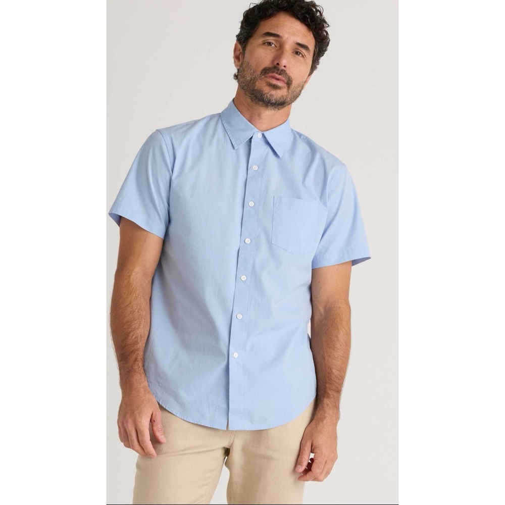 Quince Men Organic Cotton Stretch Short Sleeve‎ Poplin Shirt Blue L